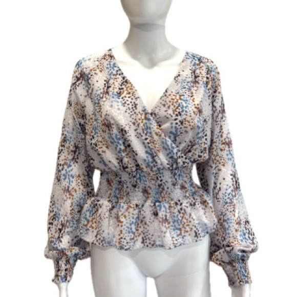 Japna Peplum Smocked Faux Wrap Blouse Size Small Sheer Dot Print Balloon Sleeve - Picture 1 of 12